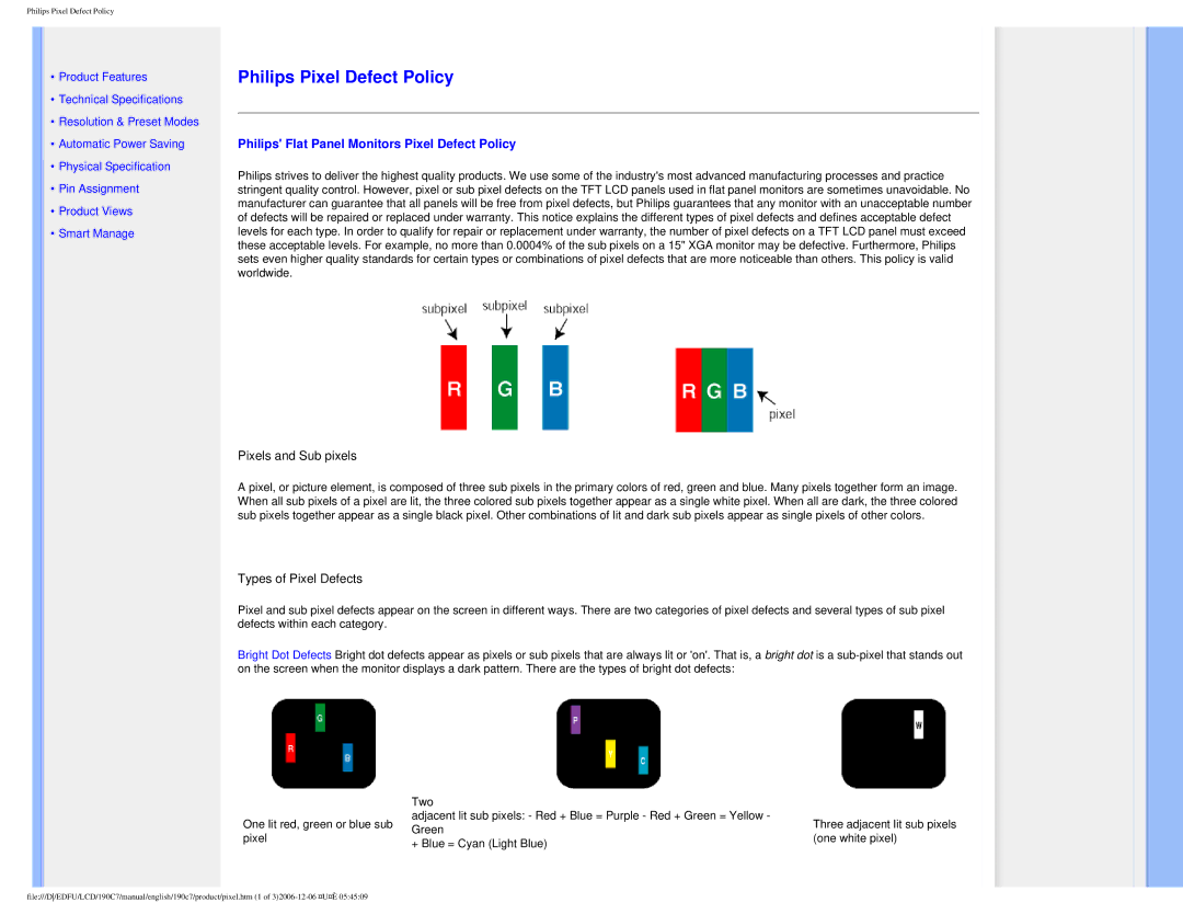 Philips HNC7190T user manual Philips Pixel Defect Policy 