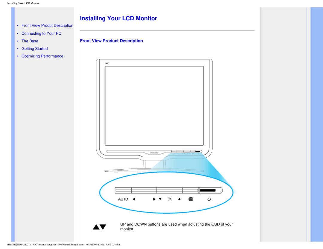 Philips HNC7190T user manual Installing Your LCD Monitor, Front View Product Description 