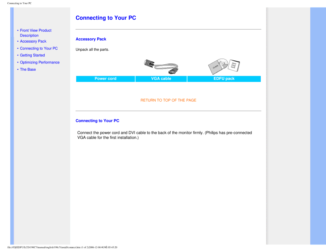 Philips HNC7190T user manual Accessory Pack, Connecting to Your PC 