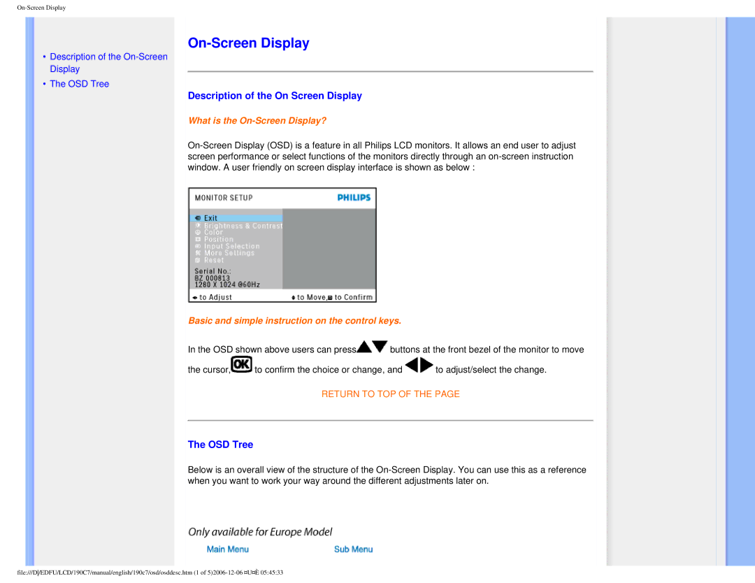 Philips HNC7190T user manual On-Screen Display, Description of the On Screen Display, OSD Tree 