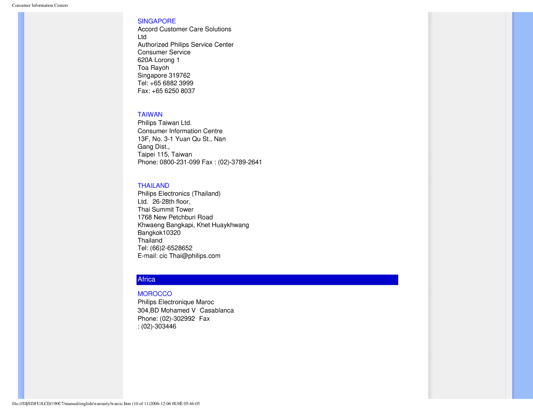 Philips HNC7190T user manual Singapore, Taiwan, Thailand, Morocco 