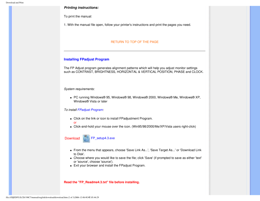 Philips HNC7190T user manual Printing instructions, Installing FPadjust Program 