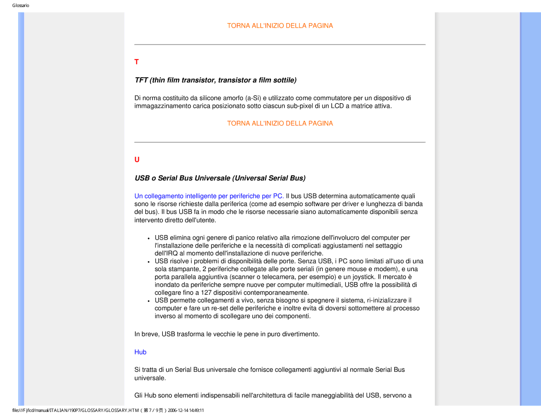 Philips HNP7190T user manual TFT thin film transistor, transistor a film sottile 