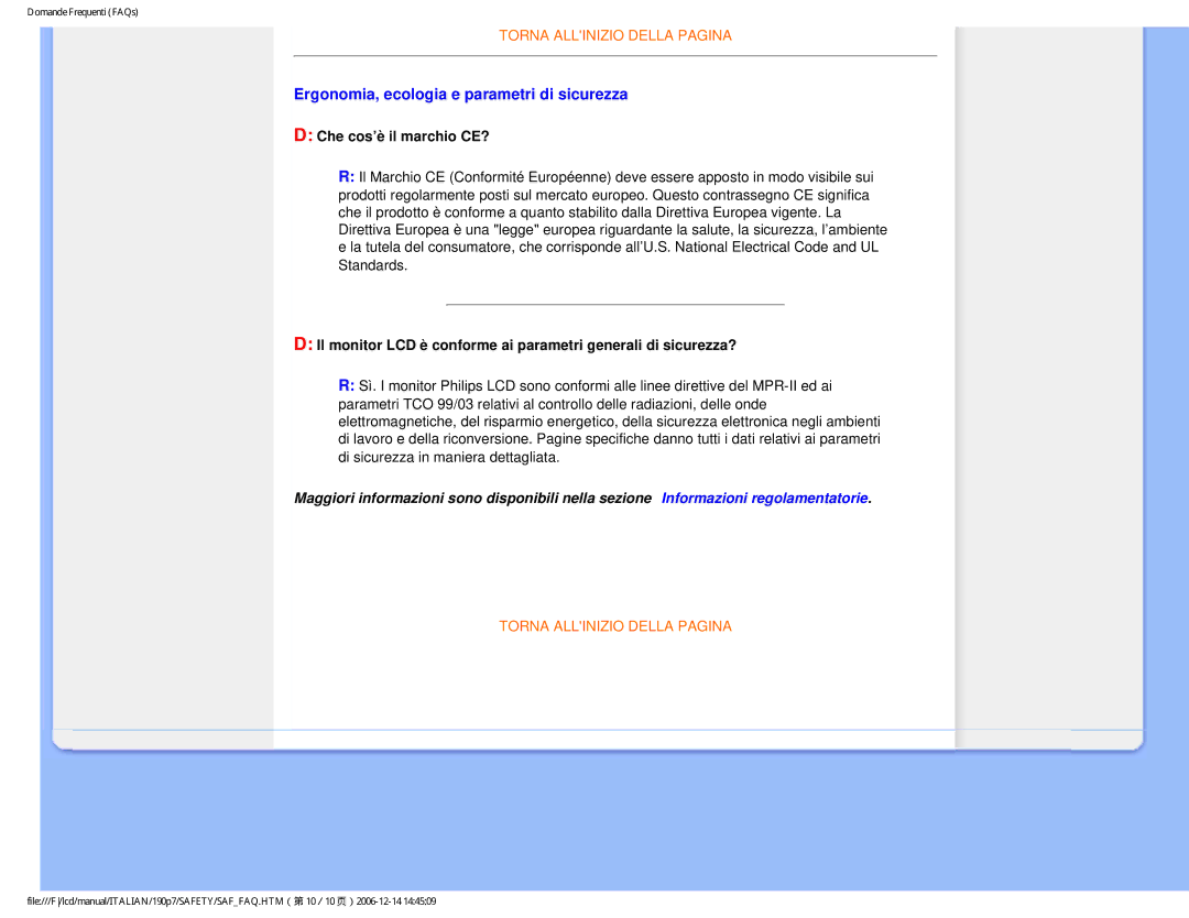 Philips HNP7190T user manual Ergonomia, ecologia e parametri di sicurezza, Che cos’è il marchio CE? 