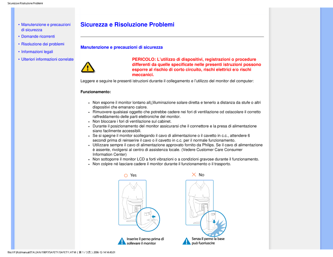 Philips HNP7190T user manual Sicurezza e Risoluzione Problemi, Manutenzione e precauzioni di sicurezza 