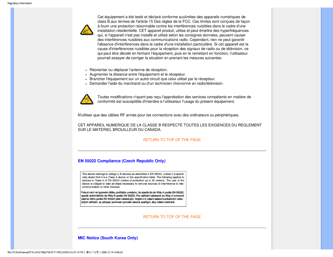 Philips HNP7190T user manual EN 55022 Compliance Czech Republic Only, MIC Notice South Korea Only 