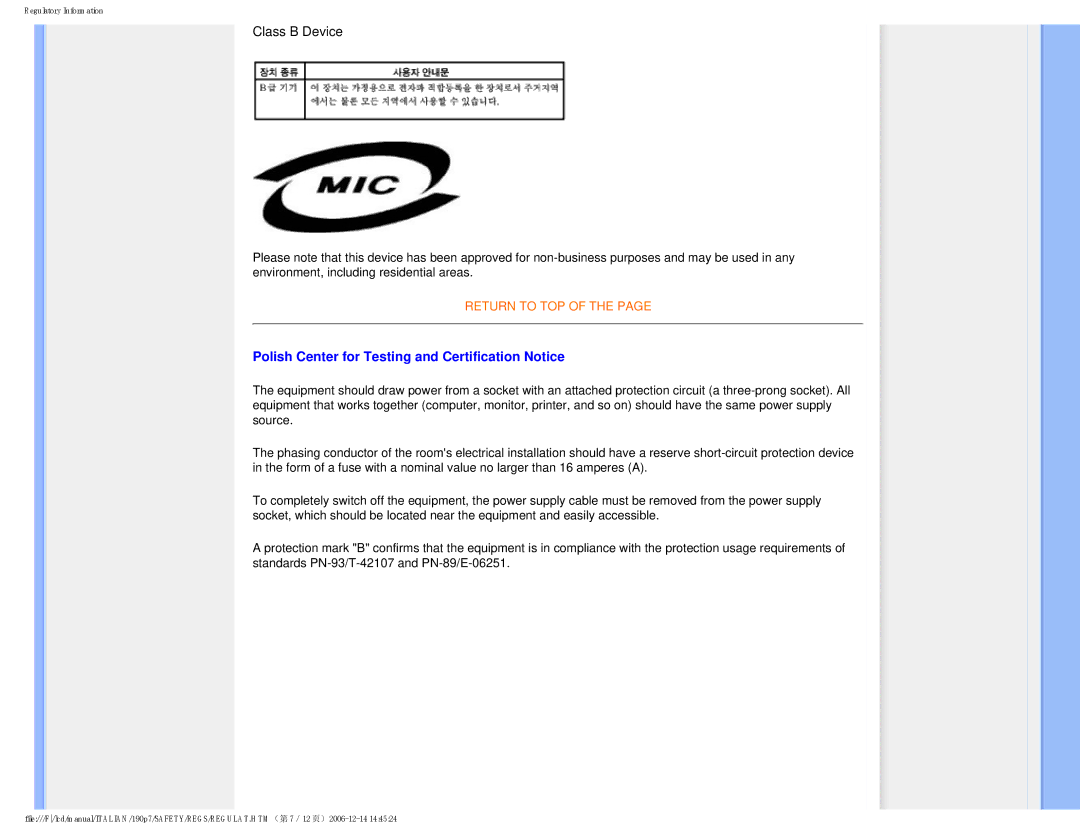 Philips HNP7190T user manual Class B Device, Polish Center for Testing and Certification Notice 