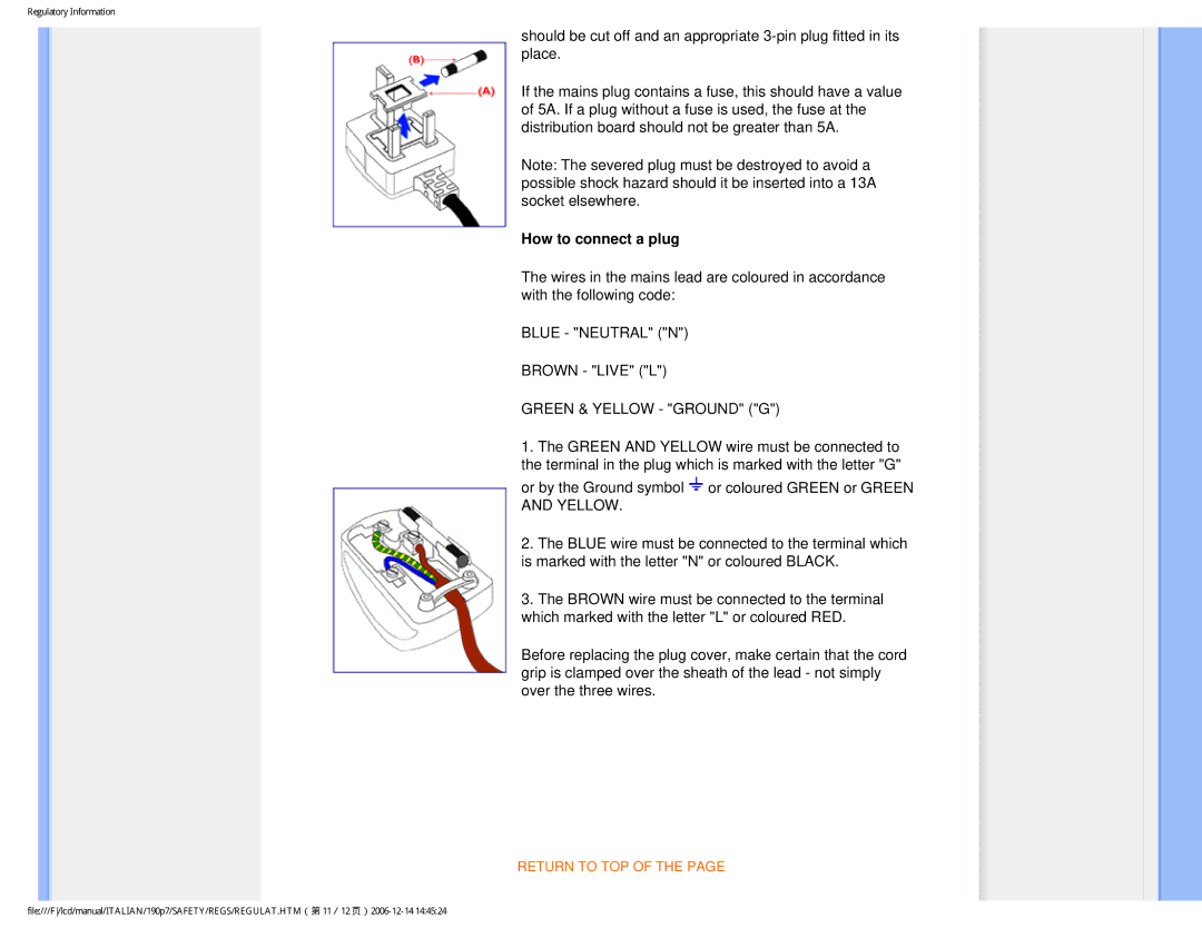 Philips HNP7190T user manual How to connect a plug, Green & Yellow Ground G 