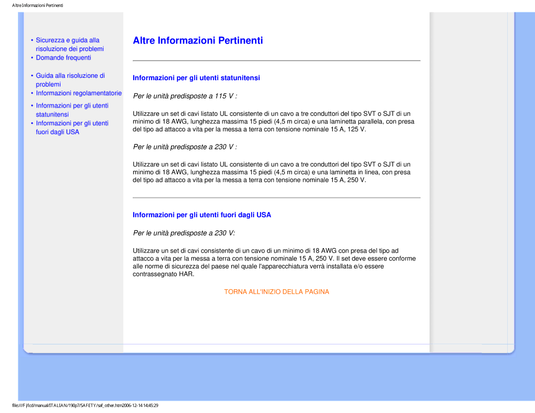 Philips HNP7190T user manual Altre Informazioni Pertinenti, Informazioni per gli utenti statunitensi 