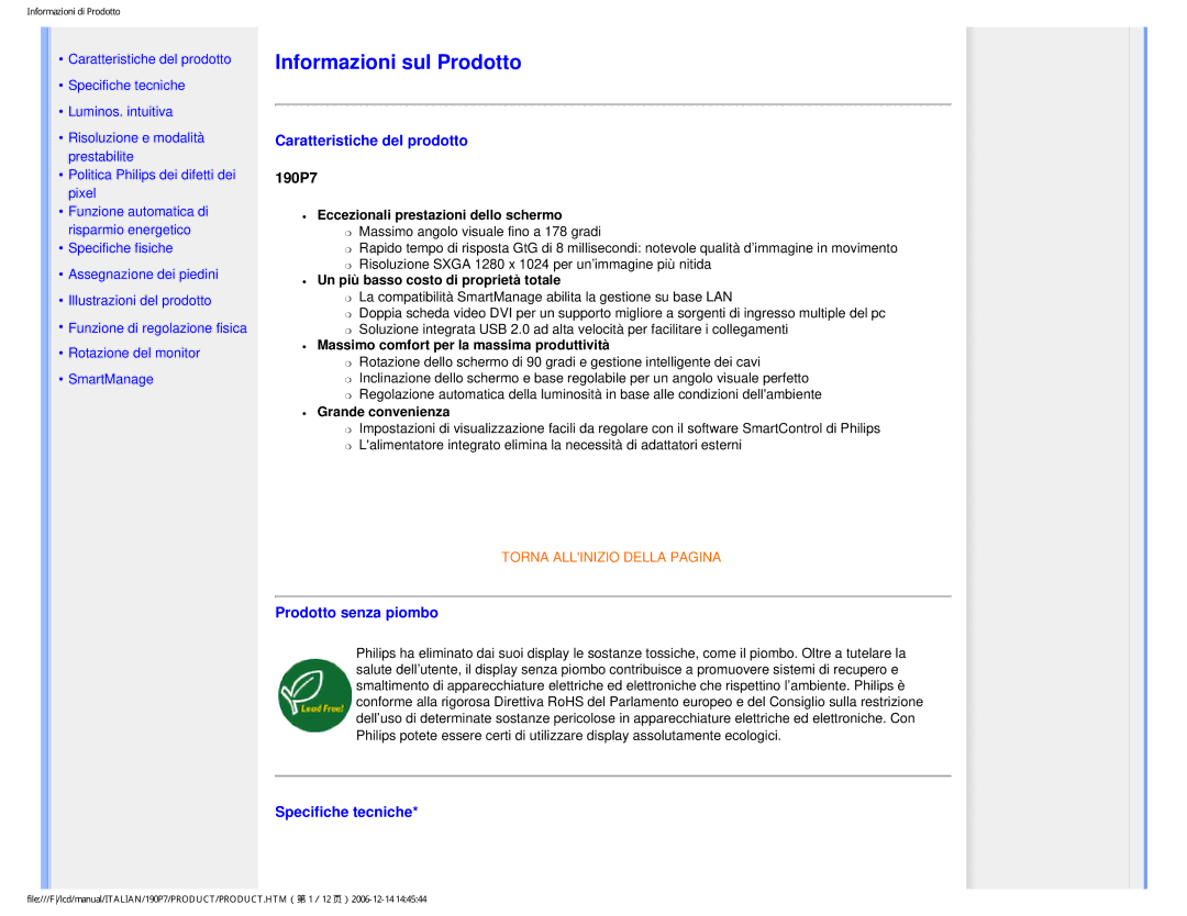 Philips HNP7190T user manual Caratteristiche del prodotto, 190P7, Prodotto senza piombo, Specifiche tecniche 