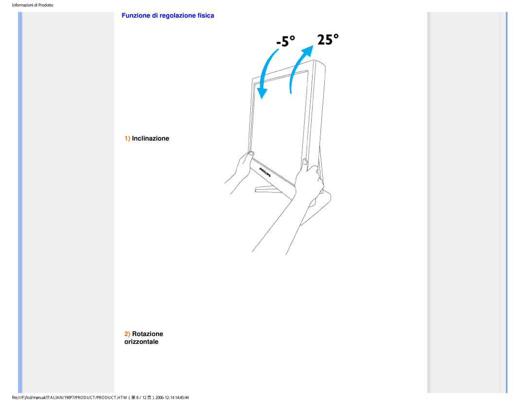 Philips HNP7190T user manual Funzione di regolazione fisica, Inclinazione Rotazione orizzontale 