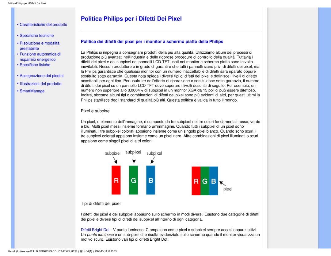 Philips HNP7190T user manual Politica Philips per i Difetti Dei Pixel, Pixel e subpixel 