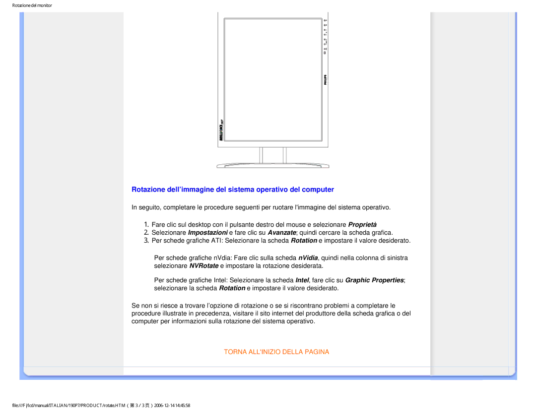 Philips HNP7190T user manual Rotazione dell’immagine del sistema operativo del computer 