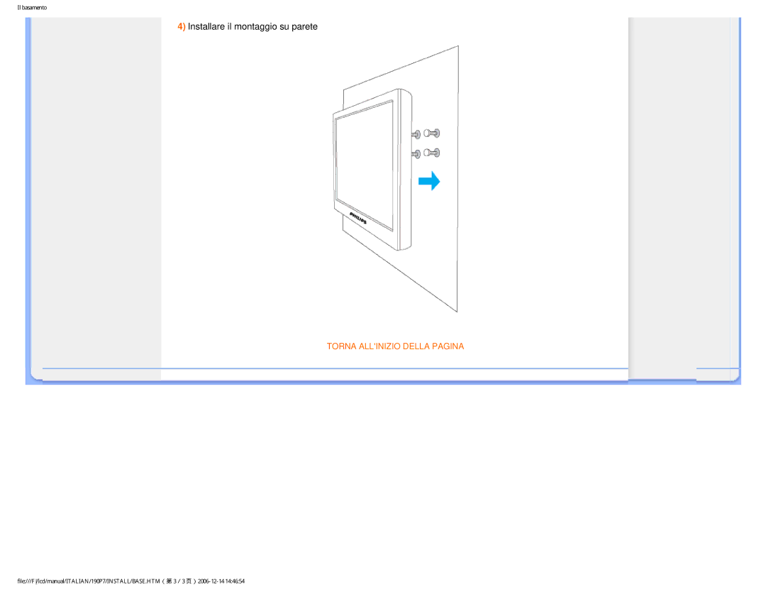 Philips HNP7190T user manual Installare il montaggio su parete 