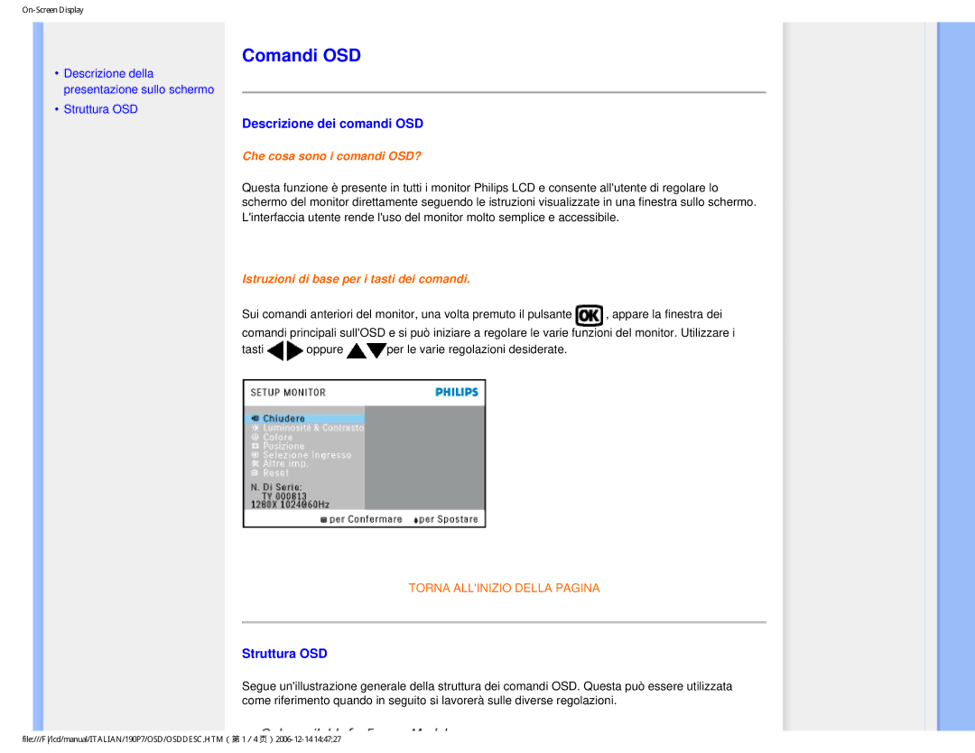 Philips HNP7190T user manual Comandi OSD, Descrizione dei comandi OSD, Struttura OSD 