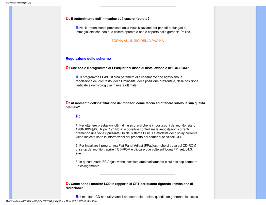 Philips HNP7190T user manual Regolazione dello schermo, Il trattenimento dell’immagine può essere riparato? 