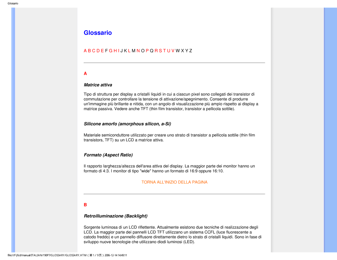 Philips HNP7190T user manual Glossario, Matrice attiva 