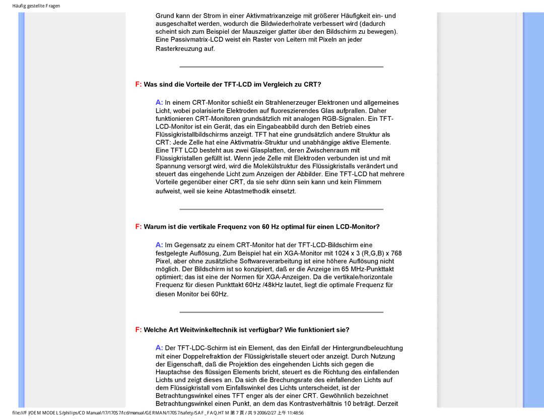 Philips HNS7170T user manual Was sind die Vorteile der TFT-LCD im Vergleich zu CRT? 