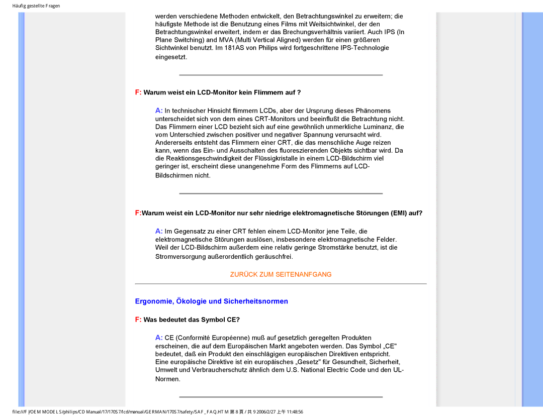 Philips HNS7170T user manual Ergonomie, Ökologie und Sicherheitsnormen, Warum weist ein LCD-Monitor kein Flimmern auf ? 