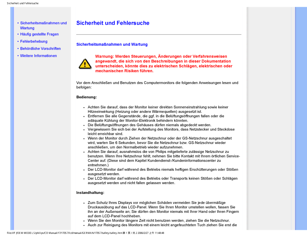 Philips HNS7170T user manual Sicherheit und Fehlersuche, Sicherheitsmaßnahmen und Wartung, Bedienung, Instandhaltung 