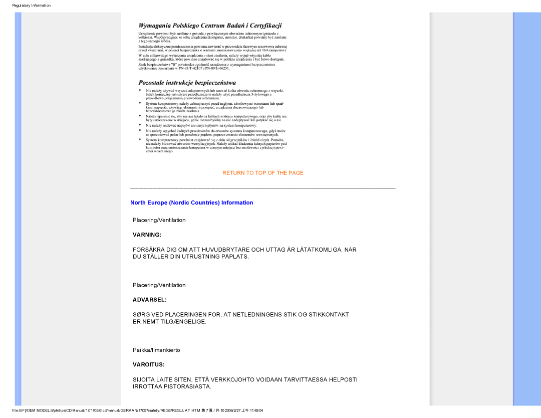 Philips HNS7170T user manual Varning 