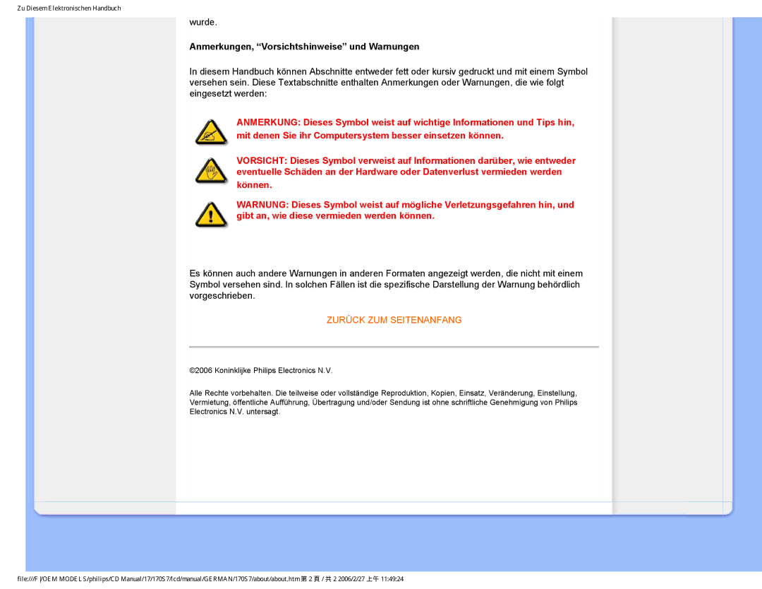 Philips HNS7170T user manual Anmerkungen, Vorsichtshinweise und Warnungen 