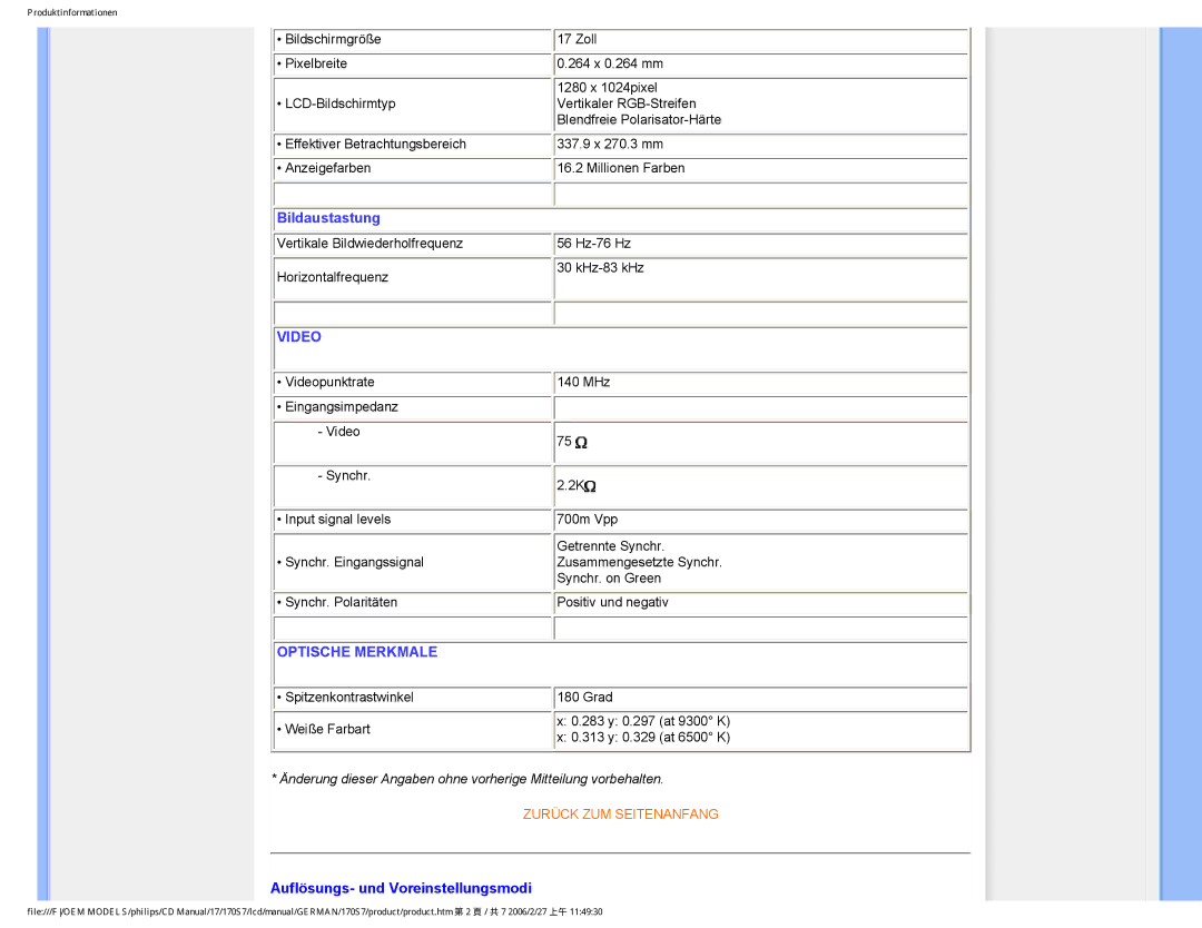 Philips HNS7170T user manual Video, Auflösungs- und Voreinstellungsmodi 