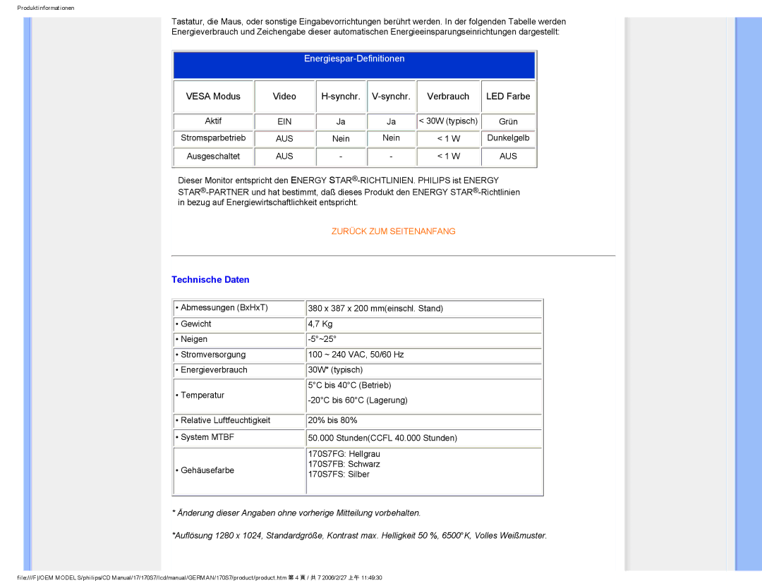 Philips HNS7170T user manual Energiespar-Definitionen 