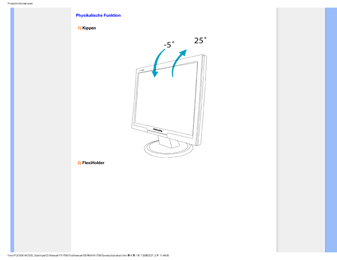 Philips HNS7170T user manual Physikalische Funktion, Kippen FlexiHolder 