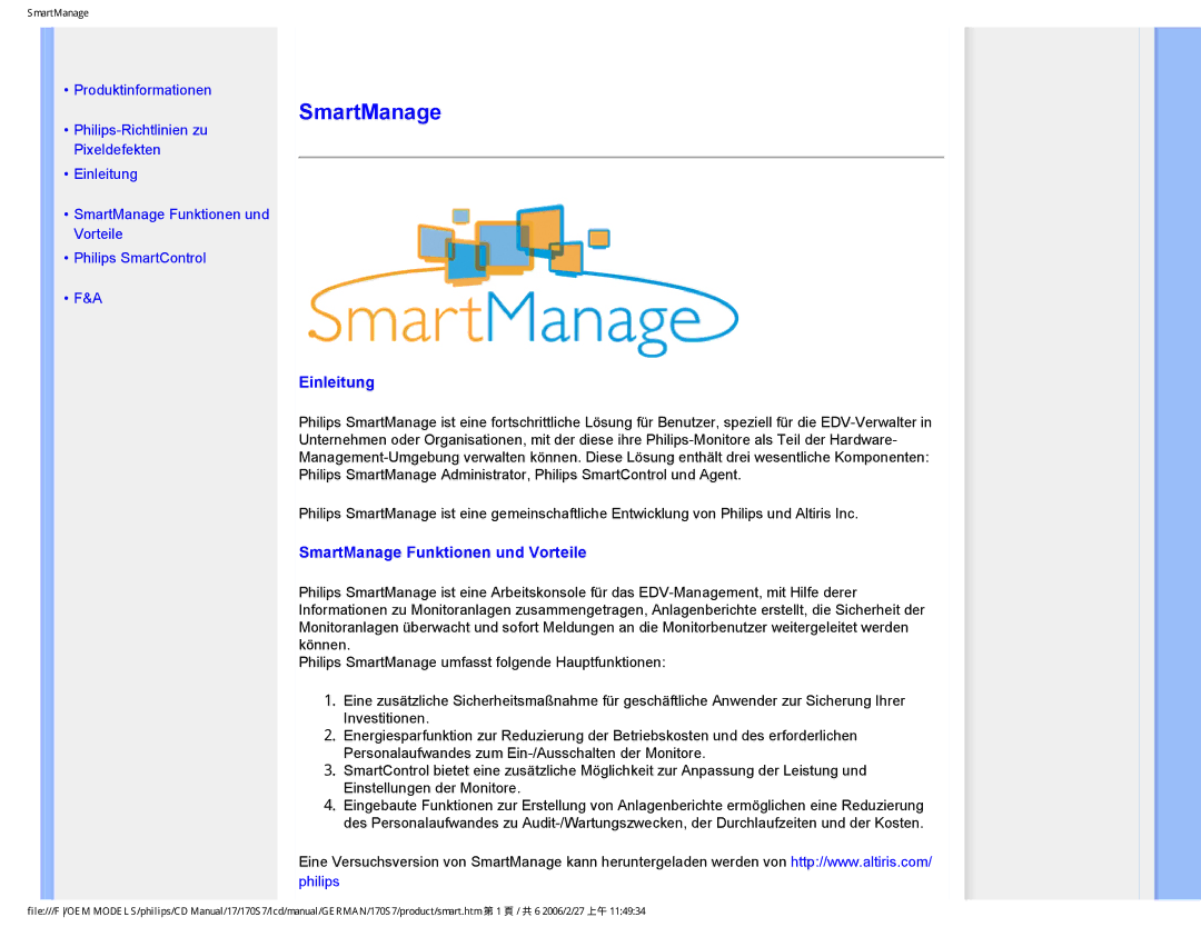 Philips HNS7170T user manual Einleitung, SmartManage Funktionen und Vorteile 