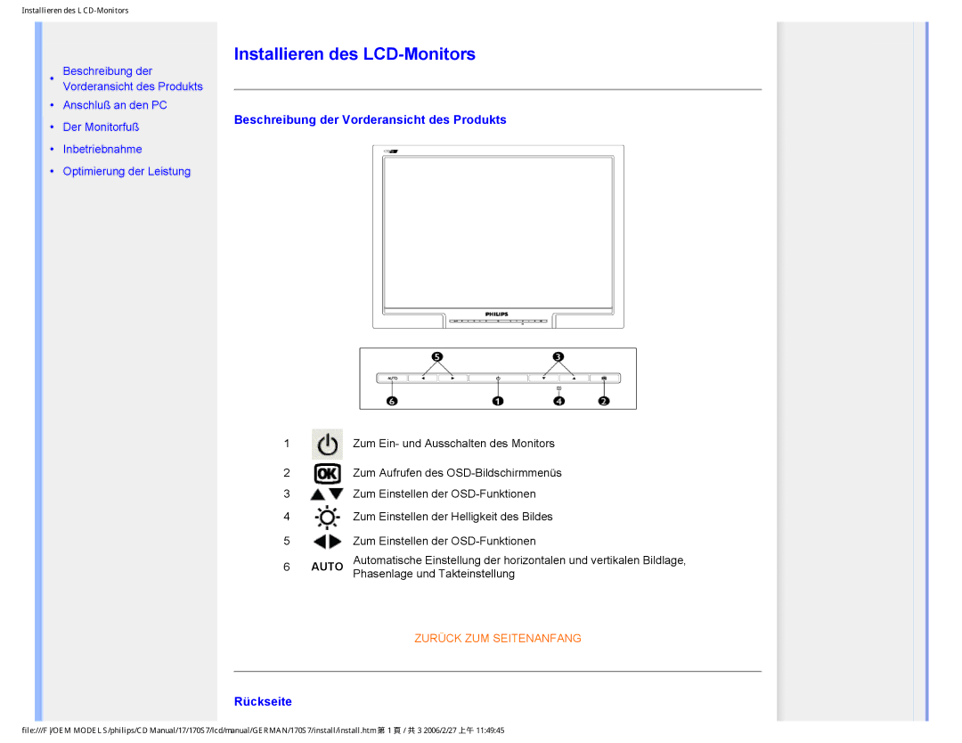 Philips HNS7170T user manual Installieren des LCD-Monitors, Beschreibung der Vorderansicht des Produkts, Rückseite 