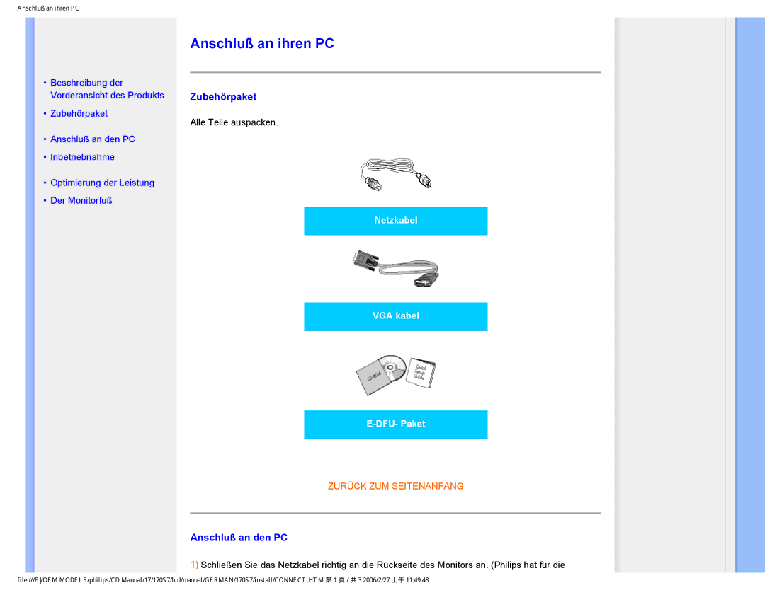 Philips HNS7170T user manual Anschluß an ihren PC, Zubehörpaket, Anschluß an den PC 