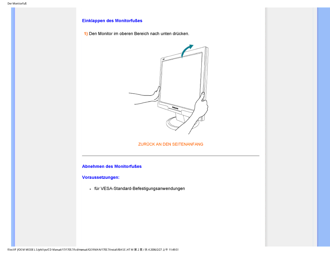 Philips HNS7170T user manual Einklappen des Monitorfußes, Abnehmen des Monitorfußes Voraussetzungen 