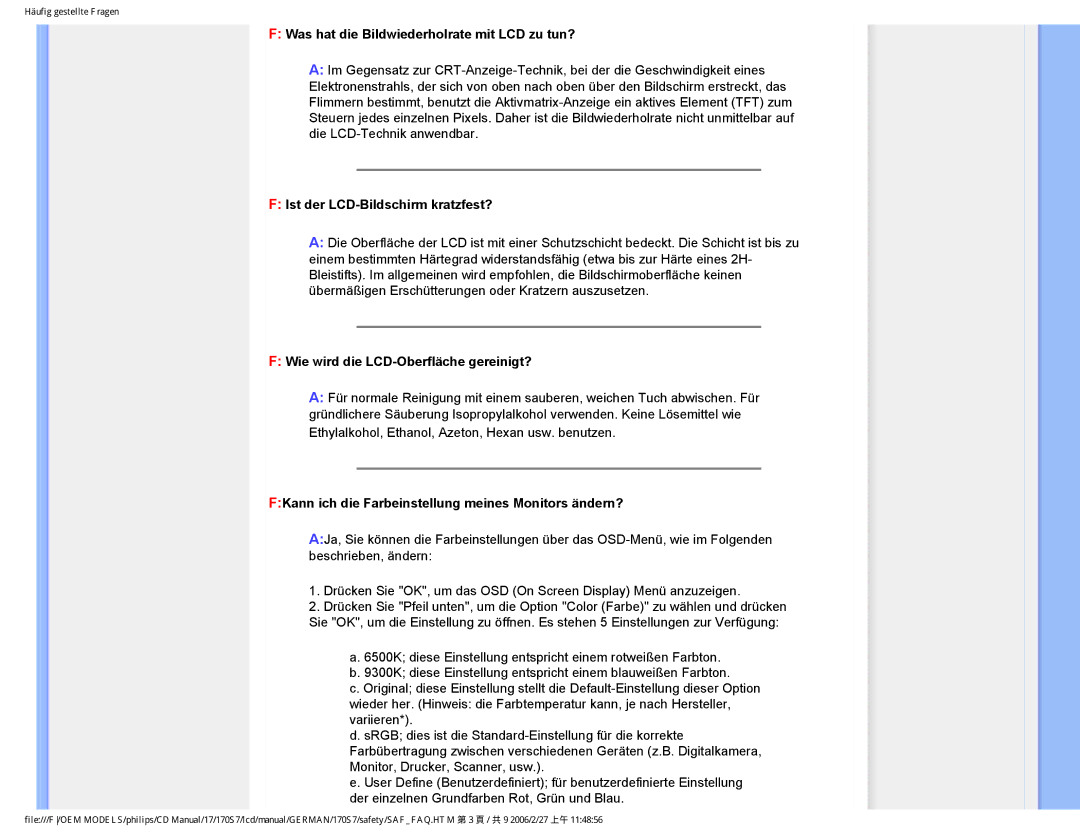 Philips HNS7170T user manual Was hat die Bildwiederholrate mit LCD zu tun?, Ist der LCD-Bildschirm kratzfest? 