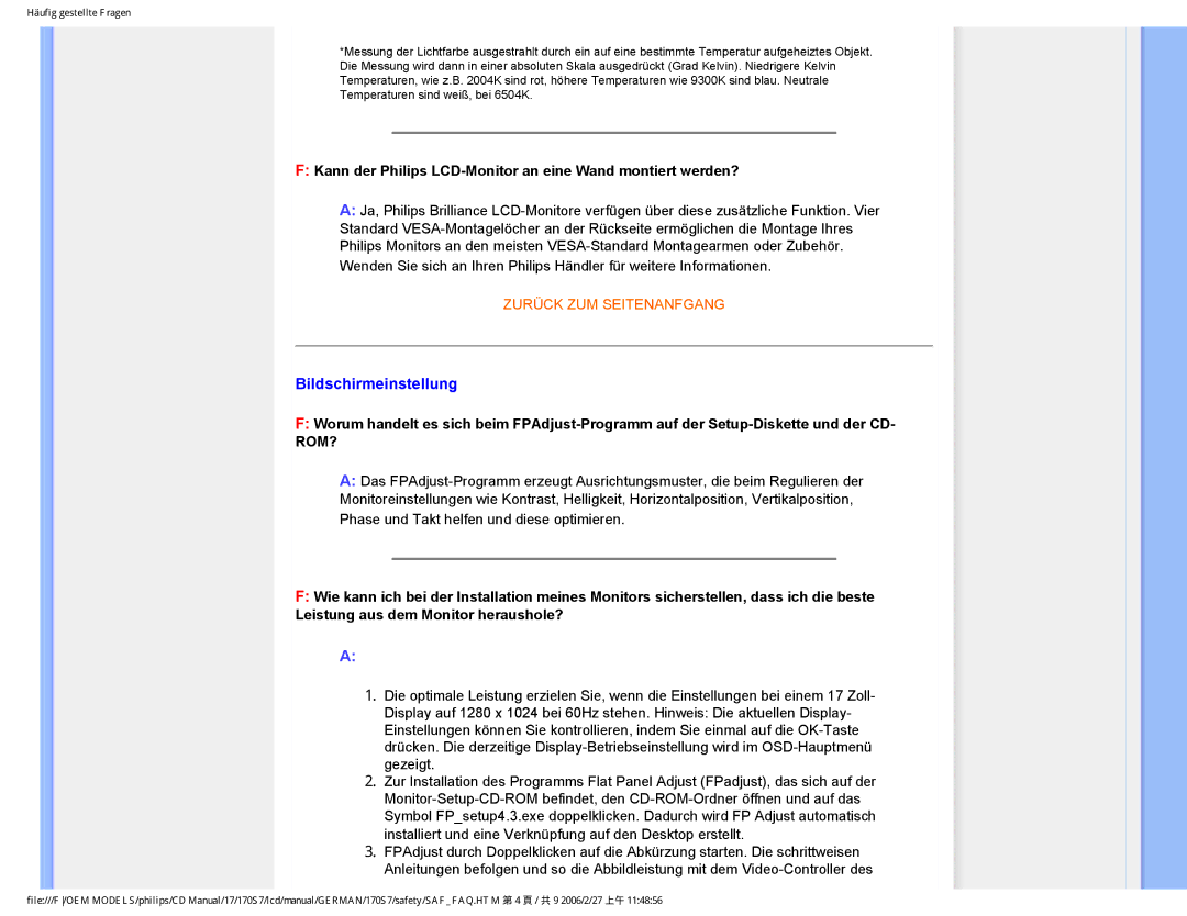 Philips HNS7170T user manual Bildschirmeinstellung, Kann der Philips LCD-Monitor an eine Wand montiert werden? 