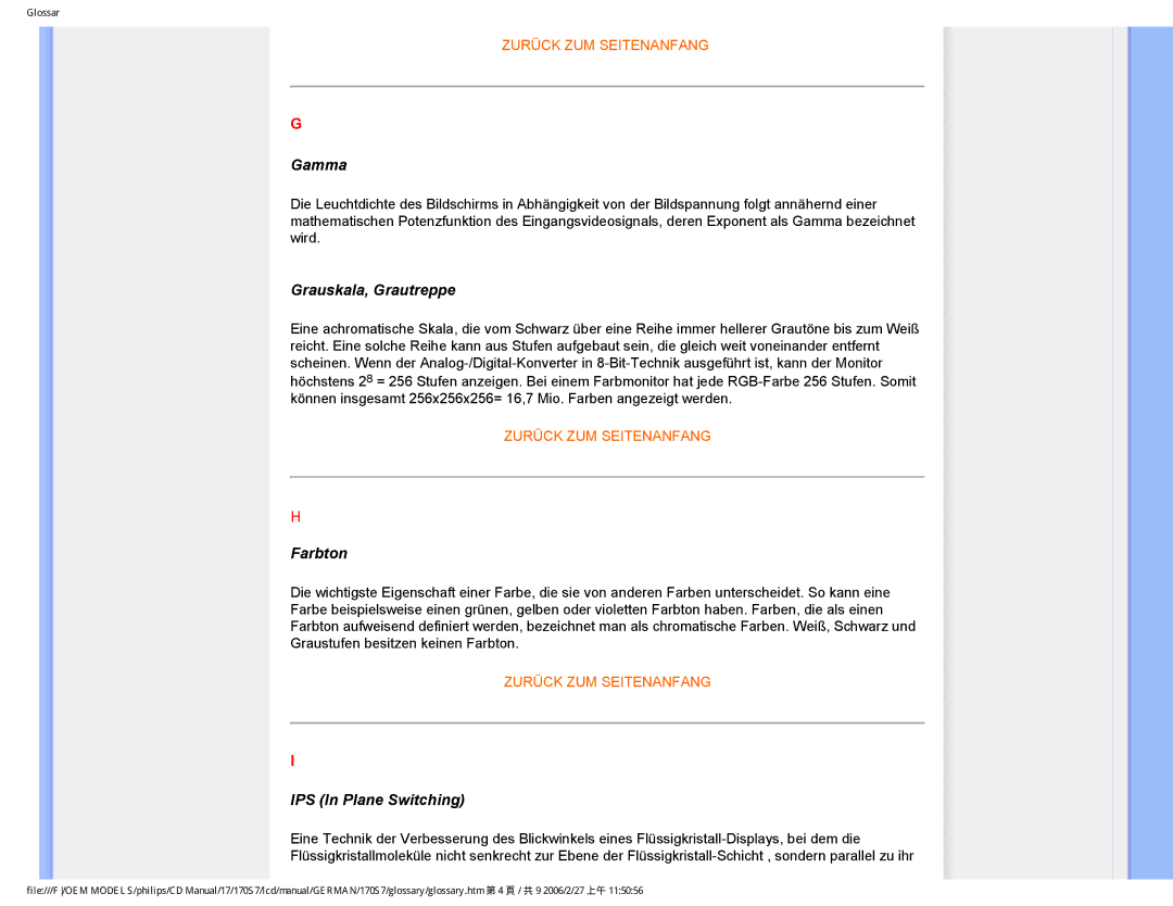 Philips HNS7170T user manual Gamma, Grauskala, Grautreppe, Farbton, IPS In Plane Switching 