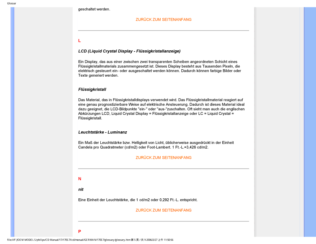 Philips HNS7170T user manual LCD Liquid Crystal Display Flüssigkristallanzeige, Leuchtstärke Luminanz, Nit 