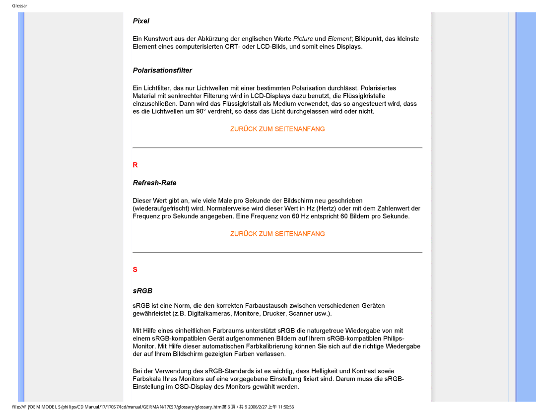 Philips HNS7170T user manual Pixel, Polarisationsfilter, Refresh-Rate, Srgb 