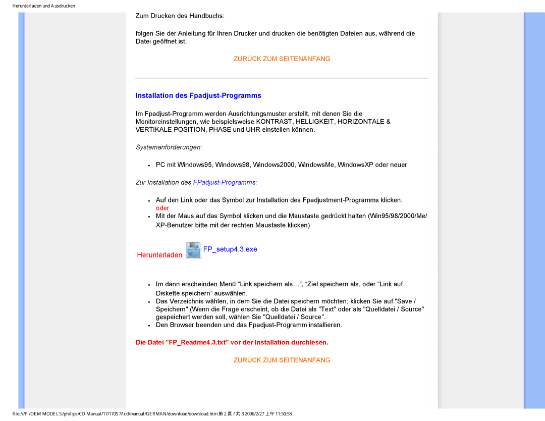 Philips HNS7170T user manual Installation des Fpadjust-Programms, Zur Installation des FPadjust-Programms 