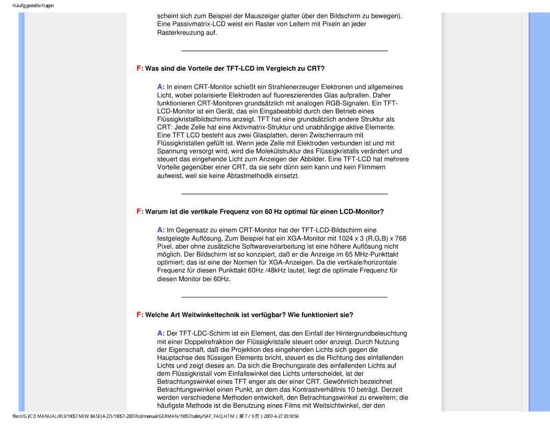 Philips HNS7190T user manual Was sind die Vorteile der TFT-LCD im Vergleich zu CRT? 