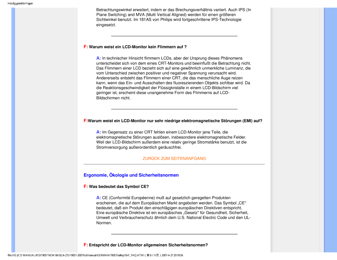 Philips HNS7190T user manual Ergonomie, Ökologie und Sicherheitsnormen, Warum weist ein LCD-Monitor kein Flimmern auf ? 