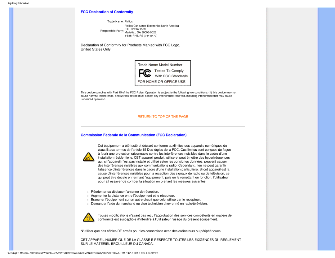 Philips HNS7190T user manual FCC Declaration of Conformity, Commission Federale de la Communication FCC Declaration 