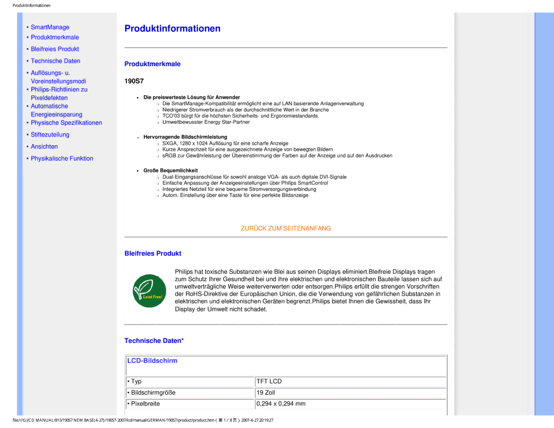 Philips HNS7190T user manual Produktmerkmale, 190S7, Bleifreies Produkt, Technische Daten 