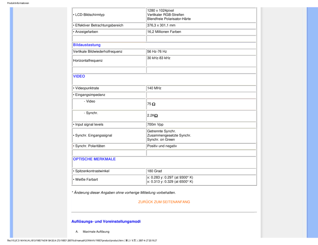 Philips HNS7190T user manual Video, Auflösungs- und Voreinstellungsmodi 