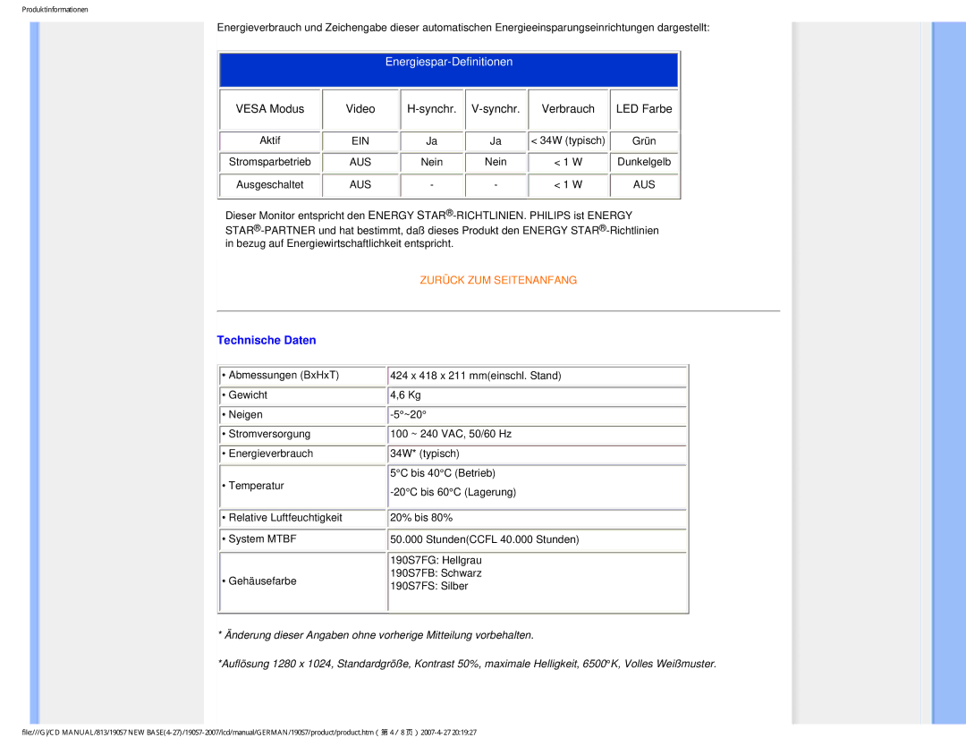 Philips HNS7190T user manual Energiespar-Definitionen 