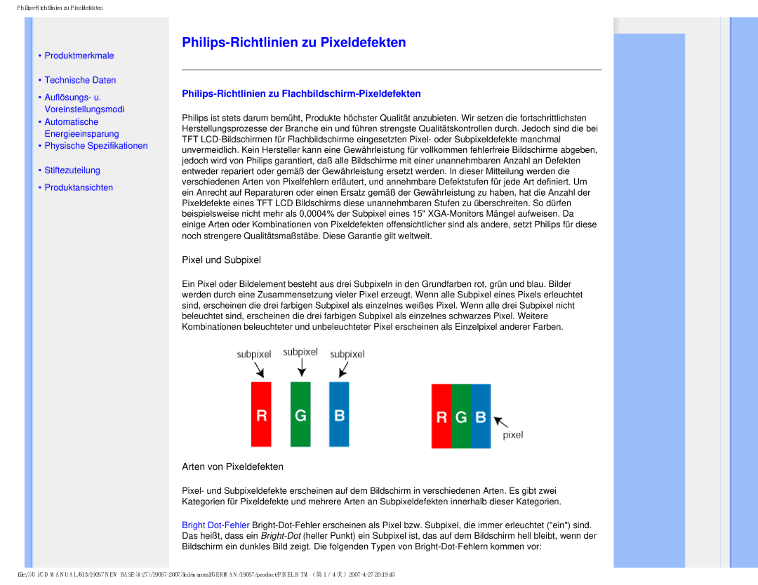 Philips HNS7190T user manual Philips-Richtlinien zu Pixeldefekten, Philips-Richtlinien zu Flachbildschirm-Pixeldefekten 