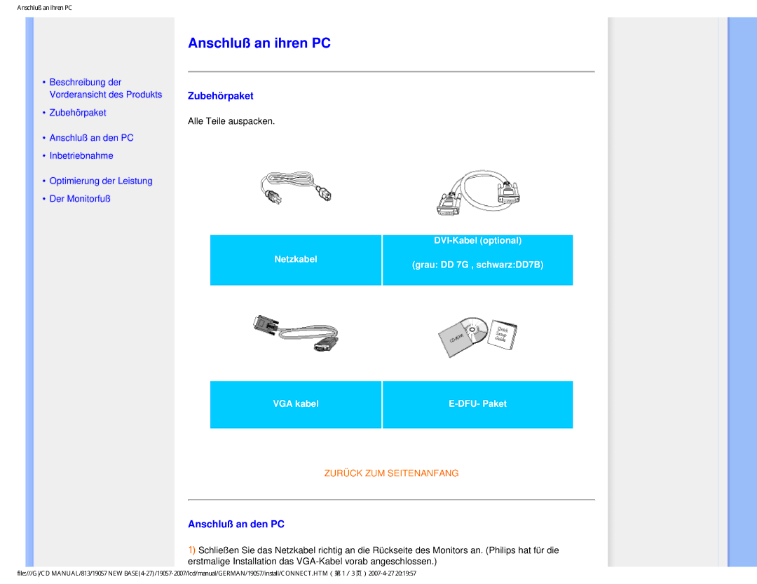 Philips HNS7190T user manual Anschluß an ihren PC, Zubehörpaket, Anschluß an den PC 