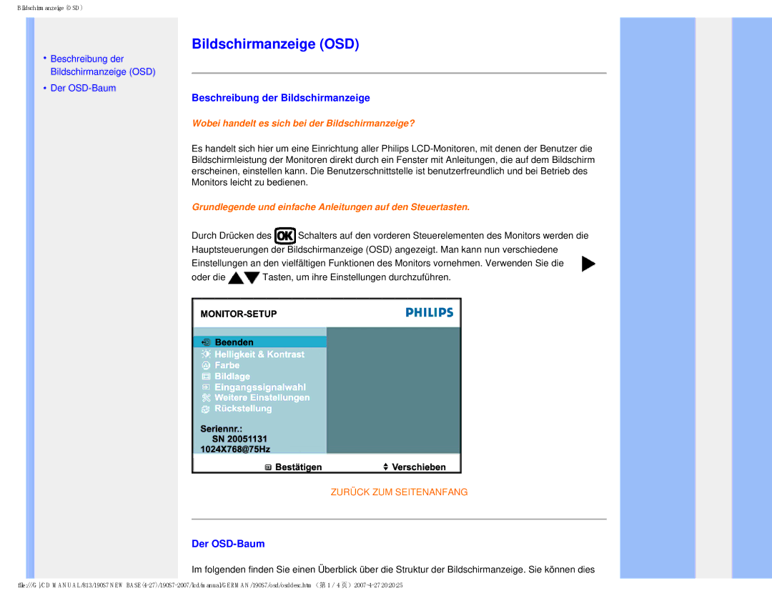 Philips HNS7190T user manual Bildschirmanzeige OSD, Beschreibung der Bildschirmanzeige, Der OSD-Baum 