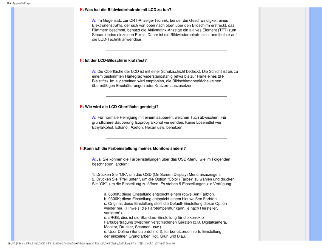 Philips HNS7190T user manual Was hat die Bildwiederholrate mit LCD zu tun?, Ist der LCD-Bildschirm kratzfest? 