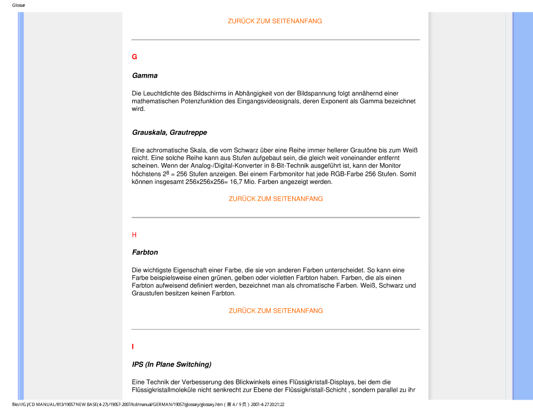 Philips HNS7190T user manual Gamma, Grauskala, Grautreppe, Farbton, IPS In Plane Switching 